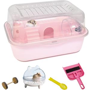 Hamiledyi Dwarf Hamster Cage Clear Plastic Small Hamster Cage Portable Carrier with Water Bottle Exercise Wheel Bathtub Box Set Toy for Dwarf Baby Hamster (Pink)
