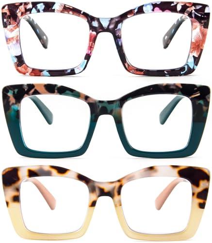REAVEE 3 Pack Oversized Square Reading Glasses Oprah Style for Women, Blue Light Blocking Large Frame Computer Designer Fashion Readers with Spring Hinge (Flower/Blue/Green,1.25)