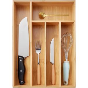 Juvale Narrow Bamboo Silverware Drawer Organizer, Wooden Cutlery Tray Holder for Utensil Storage with 5 Slots, 14.5 x 10.25 x 1.75 Inches