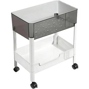 2 Tier Rolling Cart with Wheels for Under Desk Storage, Heavy Duty Plastic Short Small Utility Cart for Small Space Bathroom Vanity Makeup Organizer Pantry, 4.7'' Deep Baskets for Tall Bottles