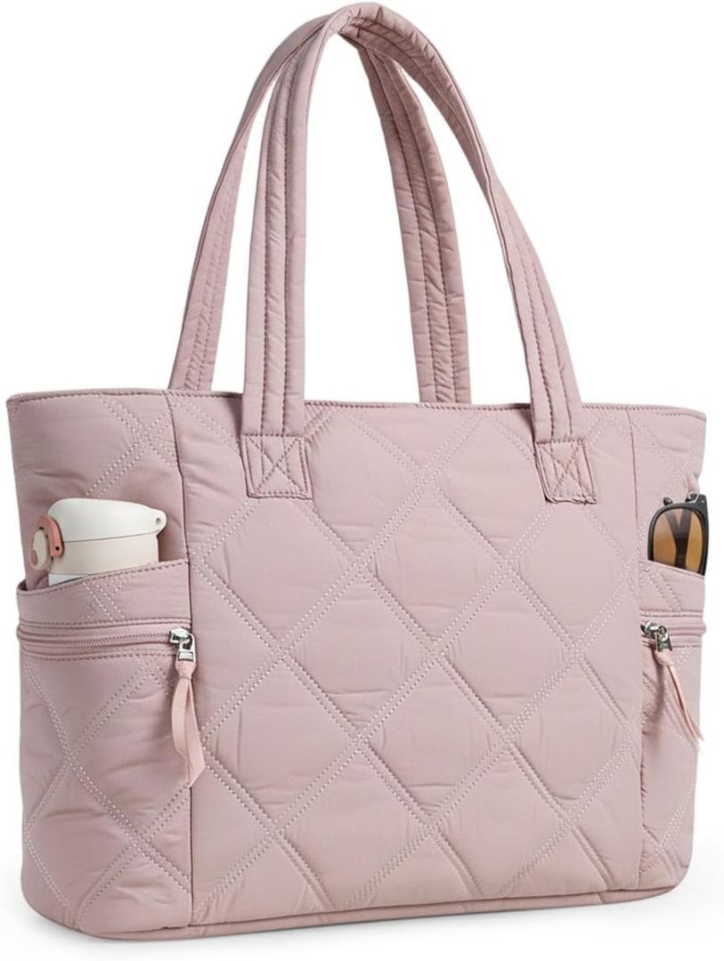 Prite Quilted Tote Bag for Women, Lightweight Puffer Tote with Zipper, Travel Work Nurse Gym Bag(Pink)