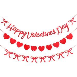 Hahafelt Valentine's Day Decorations, 3 Pcs Glitter Heart Valentines Paper Garland Banner, Valentines Backdrop Banner for Door Wall Classroom School Home, Mantel, Wall, Office, Party Favors