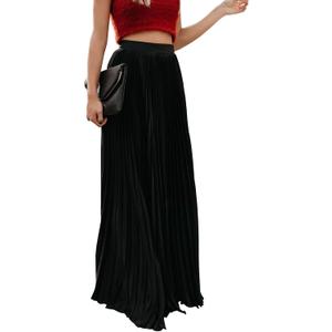 ebossy Women's High Waist Flowy Pleated Chiffon Maxi Skirt (Medium, Black)