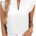 Rooscier Women's Notch Deep V Neck Ruffle Cap Sleeve Dressy Casual Blouses Tops Shirt (White, M)