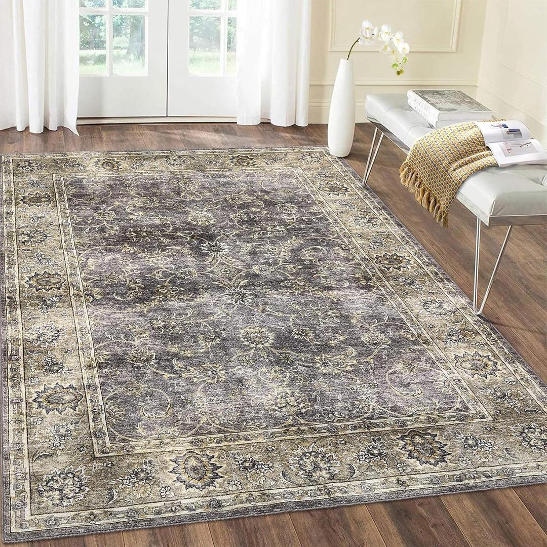Washable Area Rug 5'x7' Low Pile Entryway Non Slip Floral Print Stain Resistant Ultra-Thin for Living Room Bedroom Dining Room, (Black/Grey)