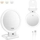 MILEDUO Lighted Makeup Mirror, 1X/10X Magnifying Mirror with Lights, Vanity Mirror with 3 Color Light Brightness Adjustable, Double Sided Switch, Rechargeable Hand Mirror Hanging Tabletop Mirror