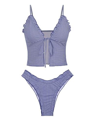 seamoly Womens Bikini Sets Tie Front Ruffle Swimsuit High Cut Two Piece Bathing Suit Cheeky Sexy Tankini Blue Gingham, Size: M