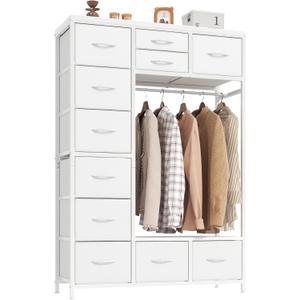 54.6" Tall 2-in-1 Dresser with Hanging Rack, 11 Drawers Bedroom Dresser for Closet, TV Stand Dressers with Clothes Rack, Chest of Drawers with Wooden Top for Living Room, Kids Room, White