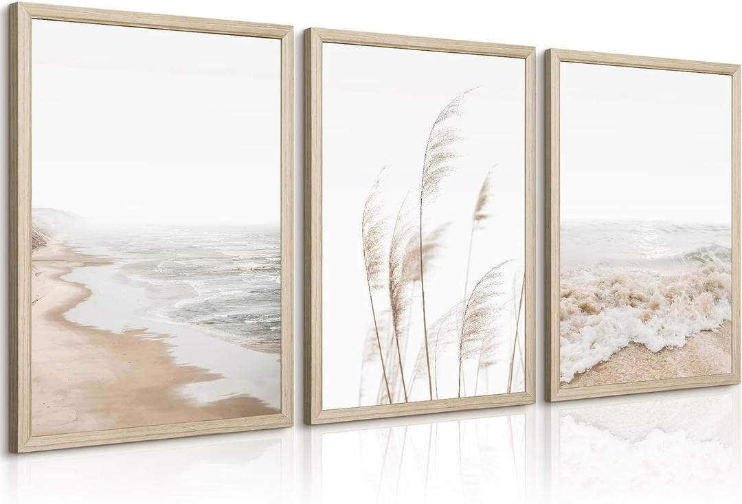 Beach Wall Art Boho Prints Coastal Canvas Wall Art Beach Pictures Pampas Grass Ocean Poster Plant Landscape Beach Scene Artwork for Living Room Bedroom Decor 16x24x3 Inch Wood Framed
