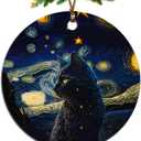 Black Cat Christmas Ornaments,Christmas Cat Gifts for Cats Mom Women,Starry Night Ceramic Hanging Ornaments