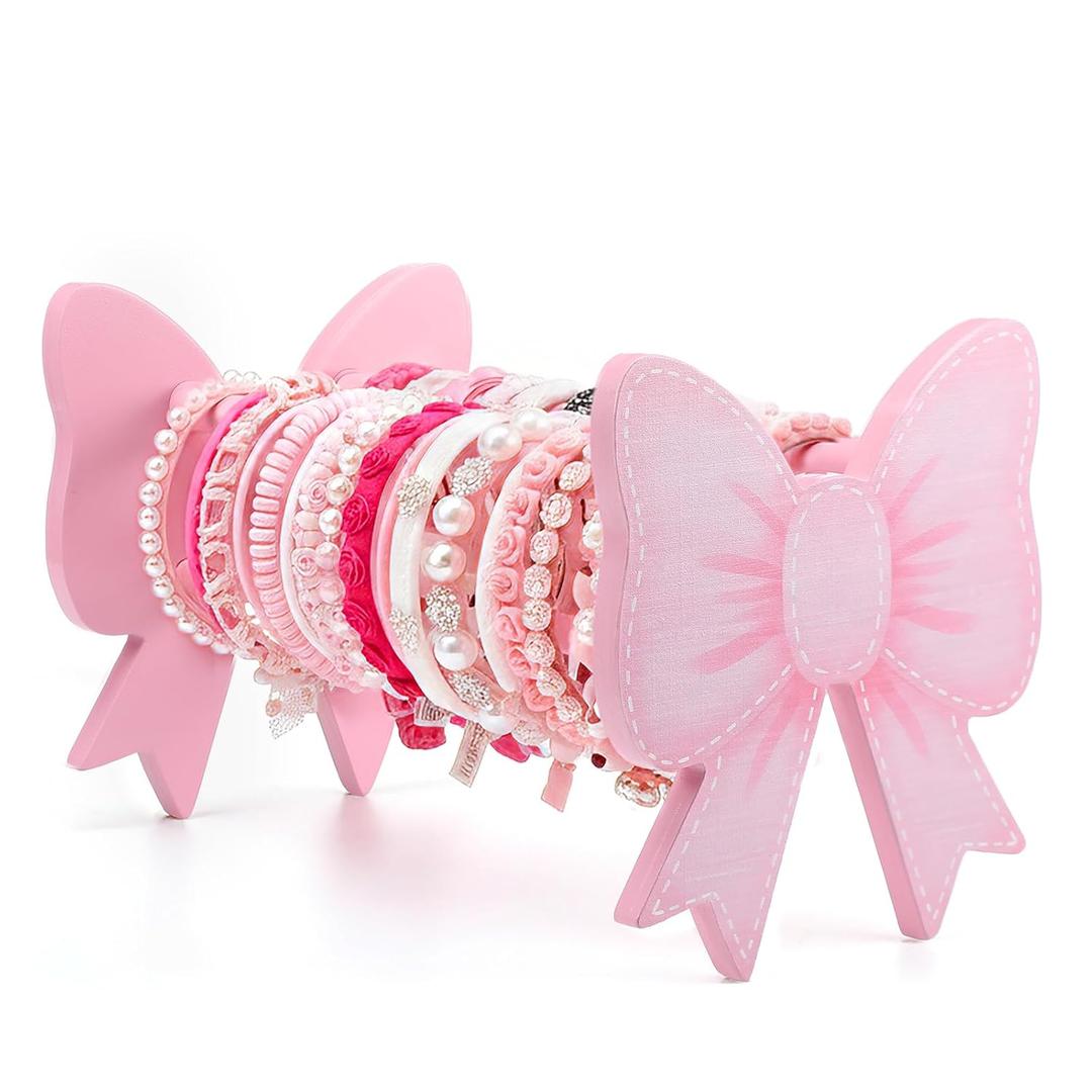 AceOrbit Pink Bow Headband Holder Organizer Hair Hoop Headband Wooden Display Stand Coquette Bow Hairband Stand Organizer Home Room Decors for Women