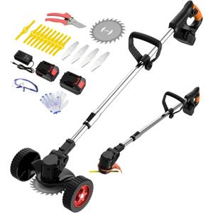Electric Weed Wacker Cordless Weed Trimmer Eater Battery Powered with 2 Battery Operated & Charger & Wheels & Shears, Lightweight 3 in 1 Grass Trimmer/Brush Cutter/Lawn Edger for Lawn, Garden