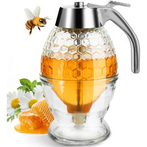 Timtopno Honey Dispenser, Glass Honey Dispenser No Drip, Honey Pot with Stand, 8 oz Honey Jar, Maple Syrup Honey Container, Elegant Honeycomb Design for Home Decor for Any Occasion