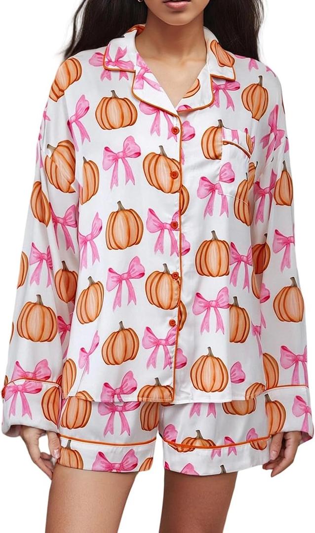 MBZJSDKHLK Women's Halloween Pajamas Set Silk Satin Ghost Pumpkin Print Long Sleeve Button Down Shirt 2 Piece Pjs Shorts Sets, M