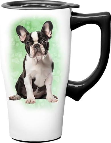 Spoontiques French Bulldog Ceramic Travel Coffee Mug with Lid and Handle - Spill Proof Lid - Double Walled Mug for Hot and Cold Beverages - Microwave and Dishwasher Safe, (Pack of 2)