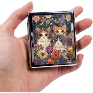 8Compartment Metal Pill Box Organizer  Portable Medicine Case 32.6 | FoodGrade Dividers | Secure Snap Button Lid | Travel & Gift for Seniors (Curious Kittens in Bloom)
