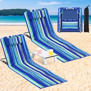 Beeveer 2 Pcs Beach Lounge Chair for Adult with 2 Pack Folding Tables Portable Adjustable Lightweight Reclining Lounge Beach Chair for Lawn Patio Sunbathing Tanning Picnic BBQ Camping