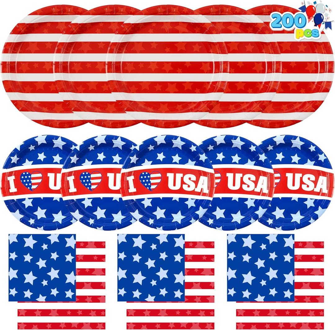 JOYIN 200 Pcs July 4th Plates & Napkins Patriotic Party Supplies, American Flag Patriotic Paper Plates Napkins, 4th of July Memorial Independence Day Party Tableware Decoration Supply, Serve 50
