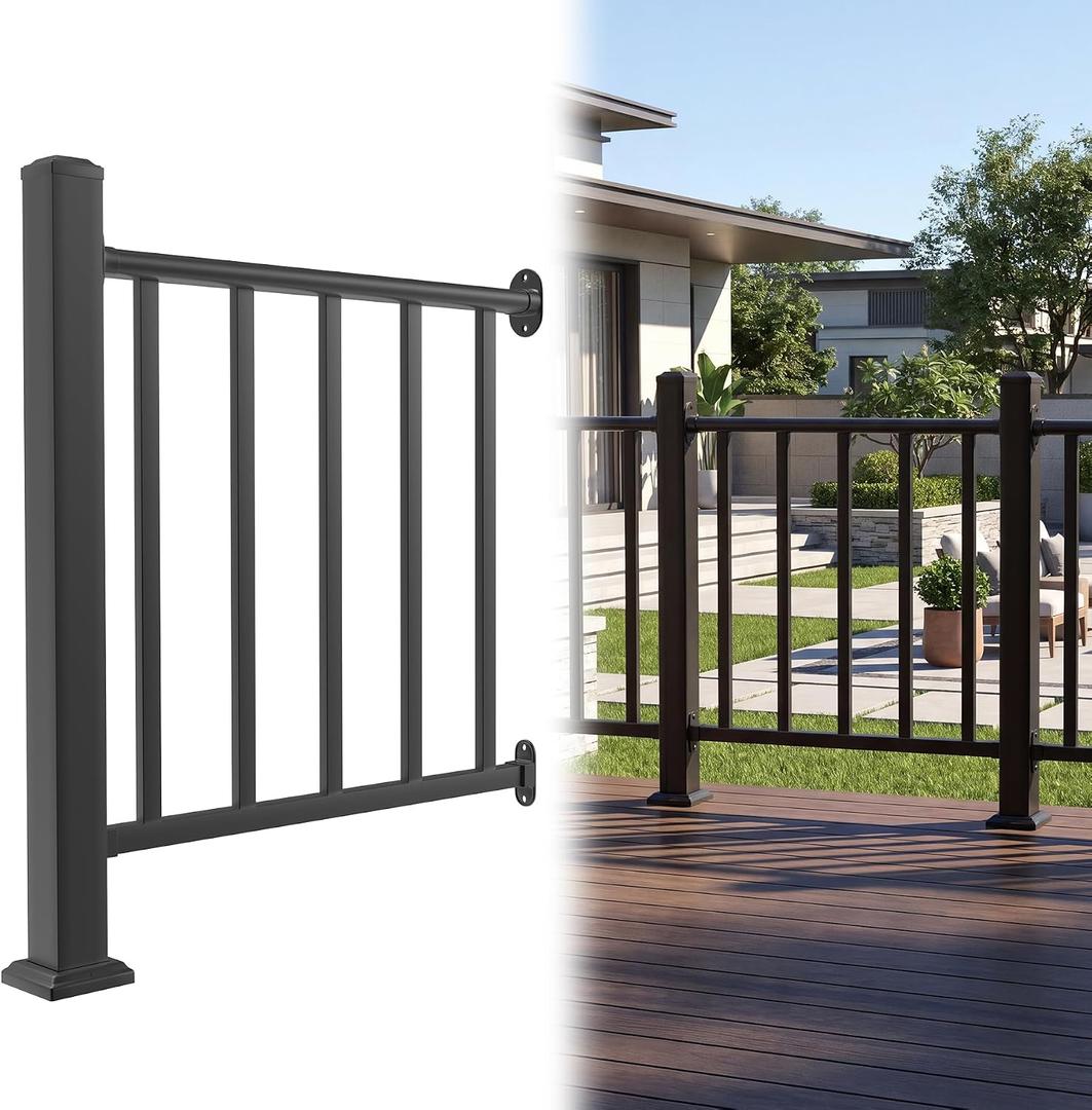 Akenow 36in H X 3 Ft Deck Railing Kit, Black Porch Railing with Post, 1 Post+1 Panel All-in-One Installation, AAMA 2604 Coat Modular Deck Kits for Outdoor Decks, Porches & Balconies