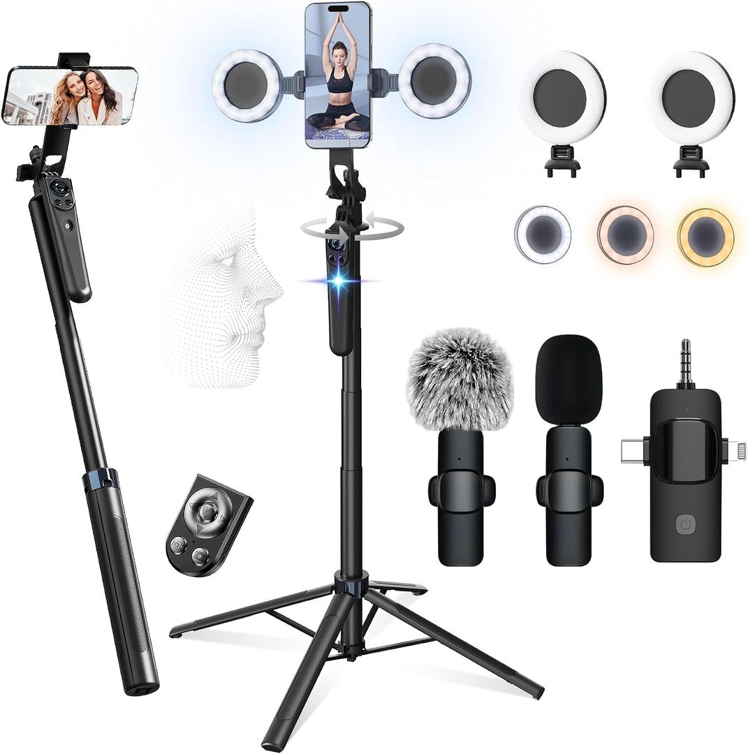 71" Content Creator Essentials Vlogging Kit - 2 Lights & 2 Mics, 360 Rotating Auto Face Tracking Tripod for iPhone/Android/Camera with Wireless Remote, No App for Vlog, Live, Video Record
