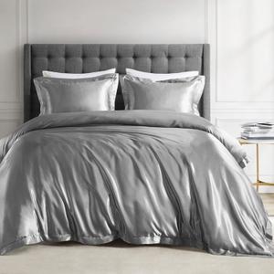 Madison Park Queen Satin Comforter Set Luxuriously Smooth on Hair & Skin, Lustrous, Silky Comforters Queen Size All Season Satin Luxury Bedding Set Queen, Shams, Full/Queen, Grey 4 Piece