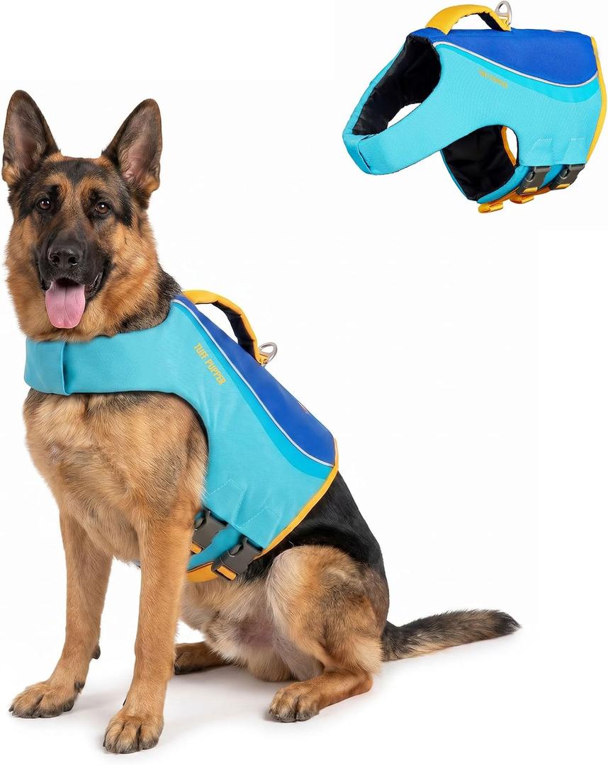 Tuff Pupper Dog Life Jacket | High Buoyancy Dog Swim Vest with Rescue Handle | Adjustable Secure Fit | Reflective Safety Trim | Pet Flotation Jacket for Swimming Boating Kayaking (Blue/Yellow, XL)