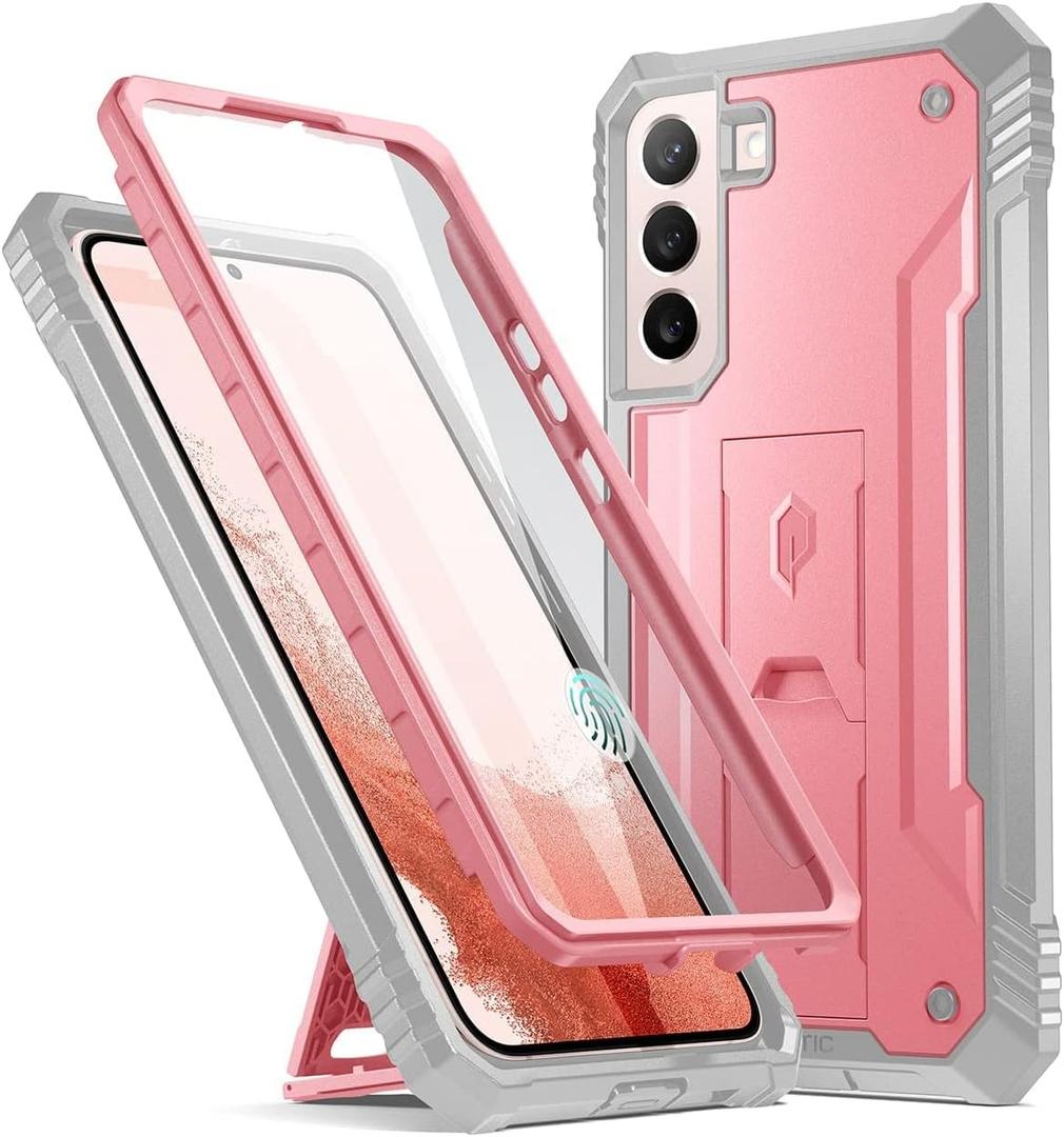 Poetic Revolution Case for Galaxy S22+ Plus with Built-in Screen Protector, Work with Fingerprint ID, Full Body Rugged Shockproof Protective Case with Kickstand for S22+ Plus 5G 6.6 Inch, Light Pink