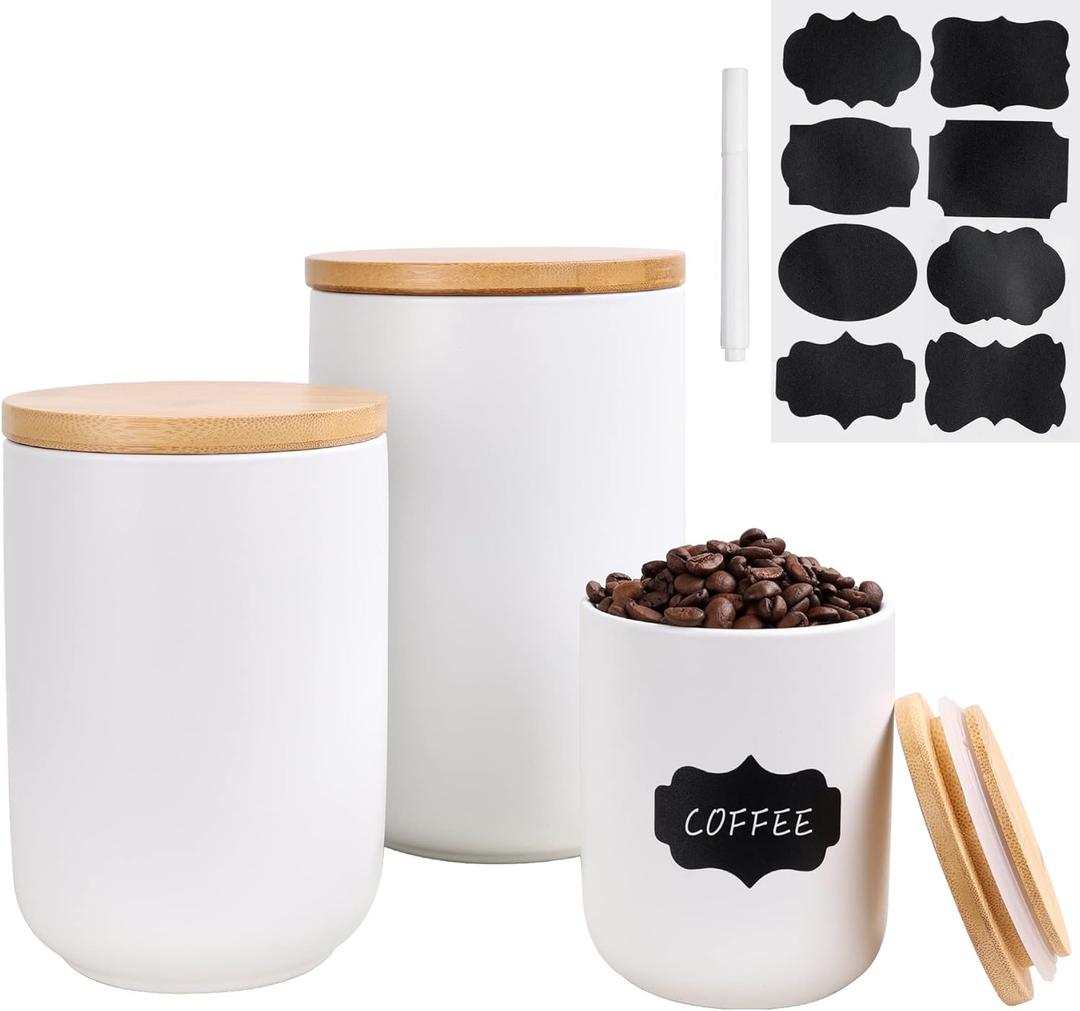Kitchen Canisters Set With Airtight Bamboo Lid, Ceramic Canister Set of 3, Sugar Flour Coffee Containers for Countertop, Food Storage Container Jars Set for Tea Beans, White