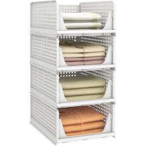 Pinkpum Stackable Plastic Storage Basket, Foldable Closet Organizers and Storage Bins 4 Pack Drawer Shelf Storage Container for Wardrobe Kitchen Bathroom Office Dorm White