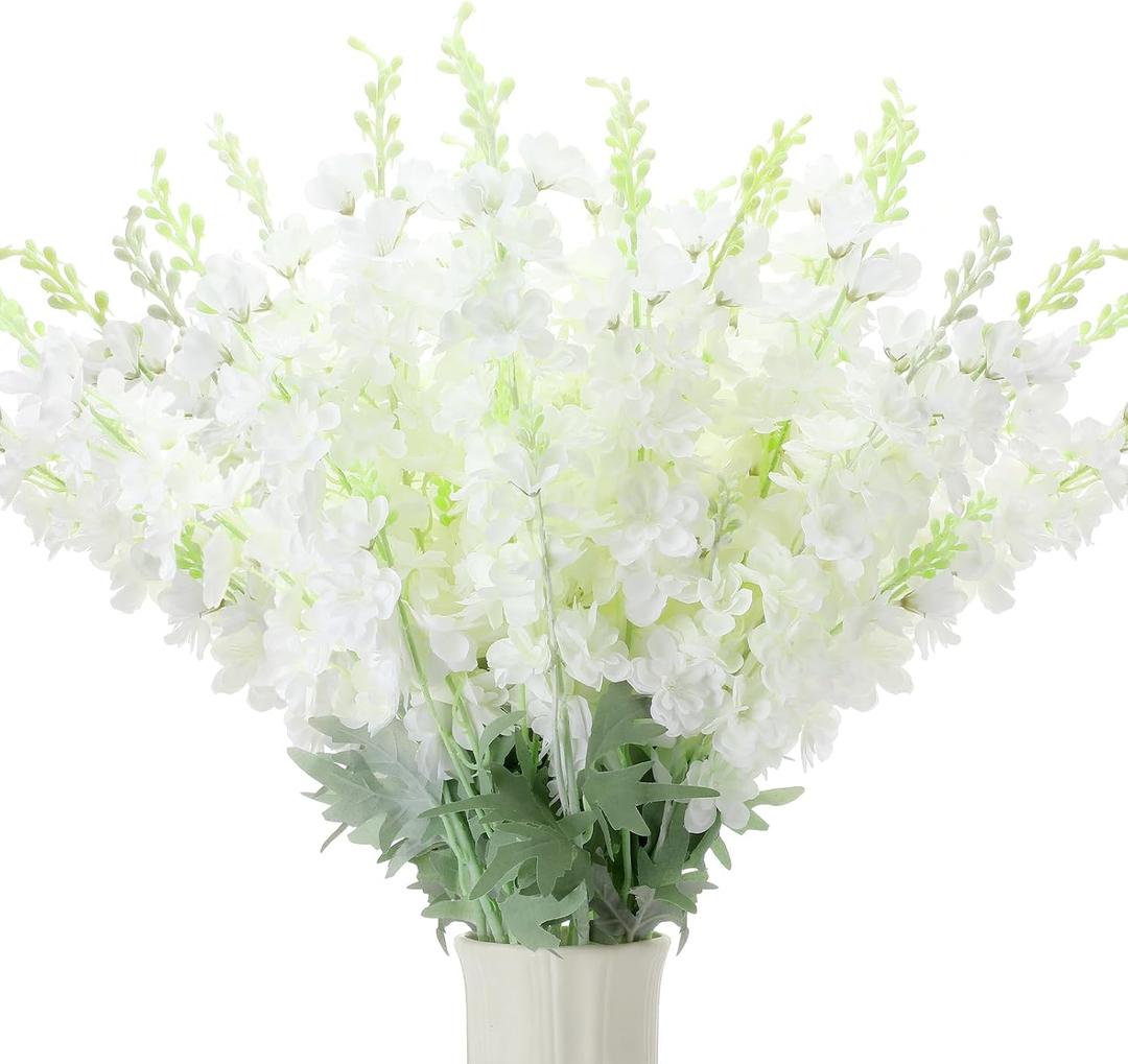 Thiccywoov 50 Pcs Delphinium Artificial Flower 35.4'' Long Larkspur Stem Silk Fake Faux Flowers Bulk for Tall Vase Floral Arrangements Home Centerpiece Table Wedding Decor (White)