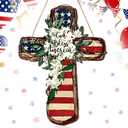 4th of July Door Sign Patriotic Wreath God Bless American Door Hanger Wooden Plaque for Wall Front Porch for Memorial Day Independence Day 250th Anniversary Decorations