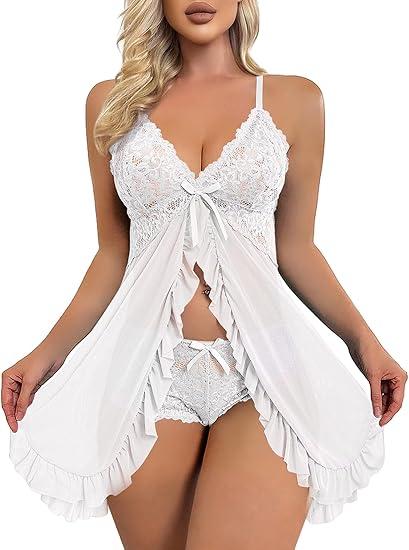 Sexy Open Front Ruffle Sheer Mesh Lace Wireless Babydoll Lingerie Dress with Thong 2 Piece, 22W