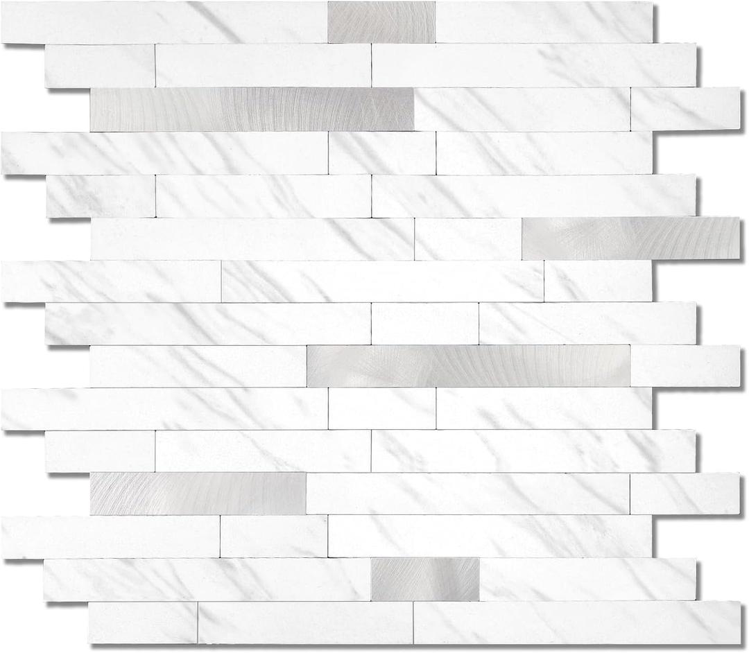 Yipscazo 5 Sheets Peel and Stick Stone Metal Tile Backsplash, Stick on Tiles for Backsplash Kitchen, Bathroom, Laundry Room, Camper, Fireplace (12'' X 12'', White Stone with Metal)