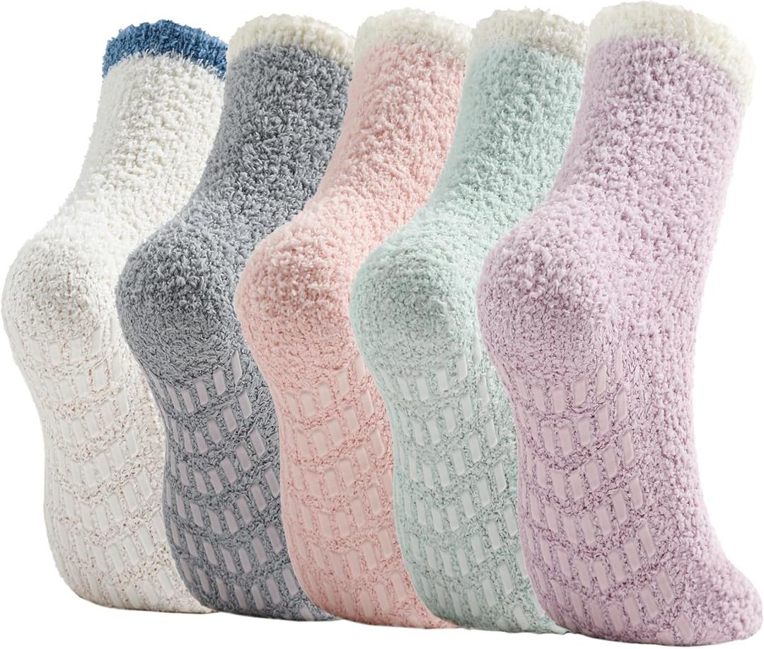 Bevigorio Non Slip Slipper Socks for Women Hospital Fuzzy Socks with Grips Cozy Grippy Winter Warm Gifts (5pairpatchwork)