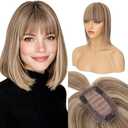 S-noilite Human Hair Toppers for Women with Bangs 100% Real Human Hairpiece 5"x3" Clip in Silk Base Topper Piece Cover Thinning Fine Hair 10 inch Medium Brown Highlighted Honey Blonde