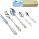 5pcs Dining Utensils Set with Etched Handle,18/10 Stainless Steel,Silver Flatware Adorned With Gold Motifs,Elegant Gold-AccentedPerfect Gift for Housewarming&Weddings, Dishwasher Safe
