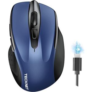 TECKNET Wireless Mouse (BT5.0/3.0 & 2.4G) Rechargeable 4800 DPI Silent USB A & Bluetooth Mouse 6 Buttons, Wide Compatibility - Blue