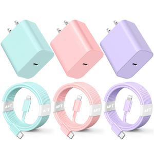 for Phone Charger Fast Charging, 20W PD USB C Wall Charger Block with 3 Pack 6 FT Type C to Lighting Cable Compatible with iPhone 14/13/12 Pro Max/11/XS/XR/X/8/Plus (PurplePinkGreen)