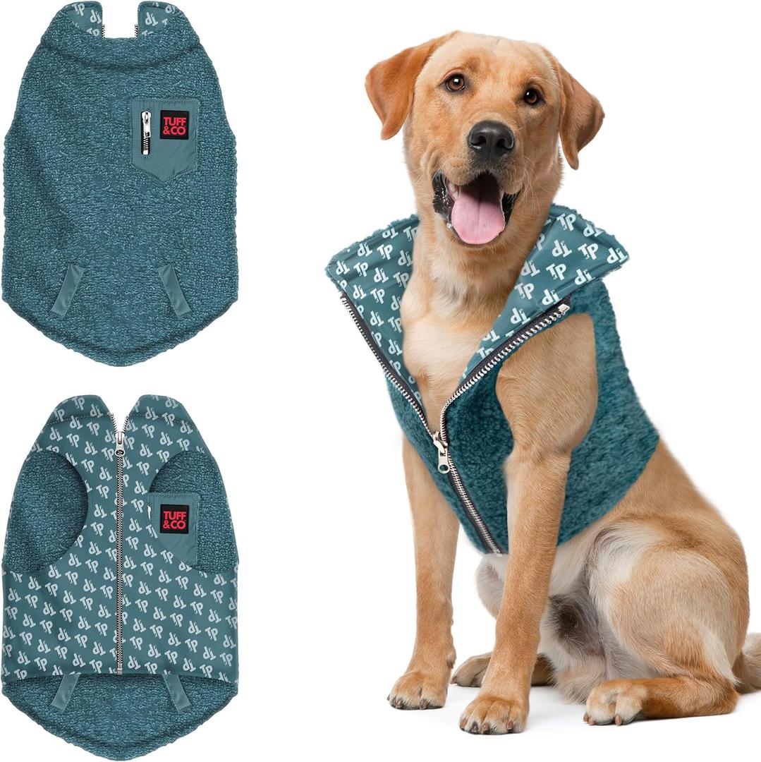 Tuff Pupper Reversible Fleece Sweater Vest for Dogs | Lightweight Comfortable Insulated Jacket | Front Zip Closure | Machine Washable | Built-in Leash Hole |  (Large, Teal)