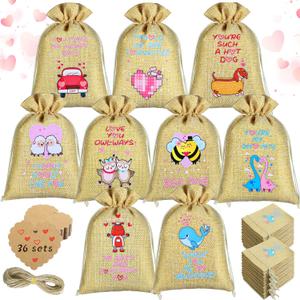 Sadnyy 36 Pack Valentine's Day Drawstrings Canvas Bags with Heart Tag and Rope 6 x 5 Inches Small Drawstring Gift Bags for Valentine Bridal Shower Wedding Party Favor