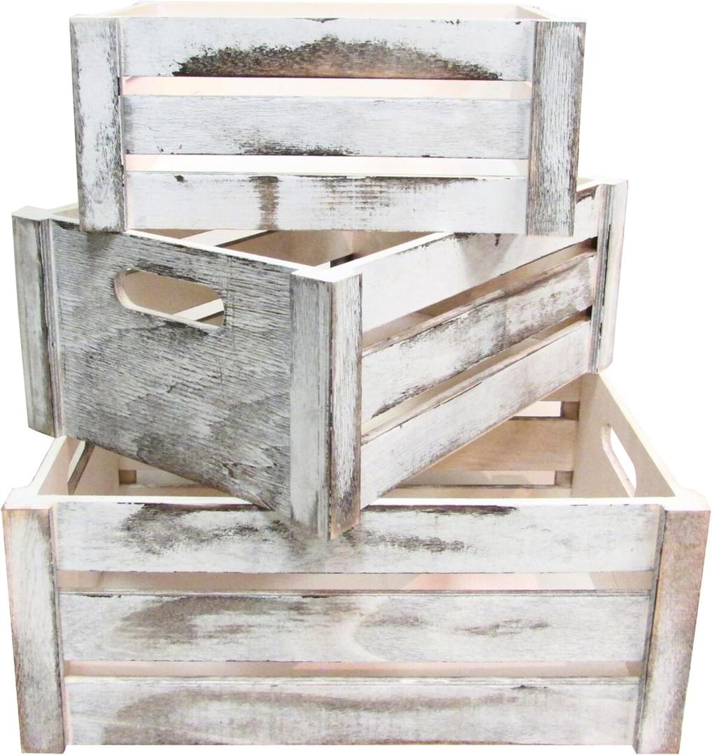 Admired By Nature Wooden Crates Storage Container, Rustic White Set of 3, Farmhouse Style Decorative Baskets for Home Decor, Rustic Decor, Nesting Stackable Organizers, Distressed Wood Crates (Regular, Barn Rustic White)