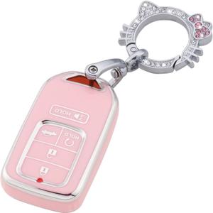 Pangpai Pink Key Fob Cover for Honda, Soft TPU Key Case Protection with Bling Keychain Fit for Honda Accord Civic CRV Pilot Odyssey Smart Key Holder