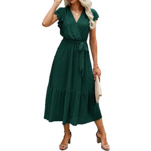 BTFBM Women Summer Bohemian Floral Casual Wrap V Neck Ruffle Cap Sleeveless Belt A-Line Pleated Hem Midi Sun Dress White (Swiss Dot Dark Green), Size Medium