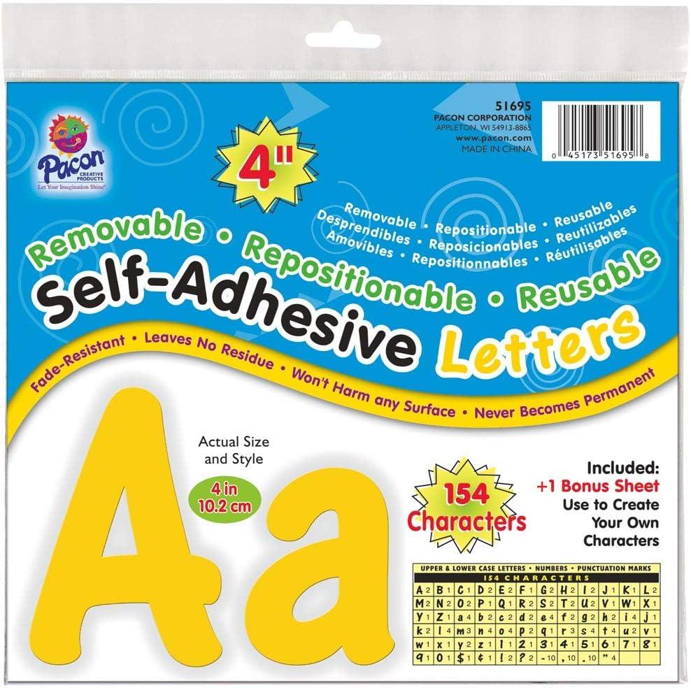 Pacon Reusable Self-Adhesive Vinyl Letters & Numbers Cheery Font 4" Yellow