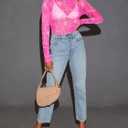 Women's Sheer Floral Long Sleeve Layering Top Ruffled Mock Neck Sheer Blouse for Casual Brunch Party Club Night Date Outfits (Medium, Floral Hot Pink)