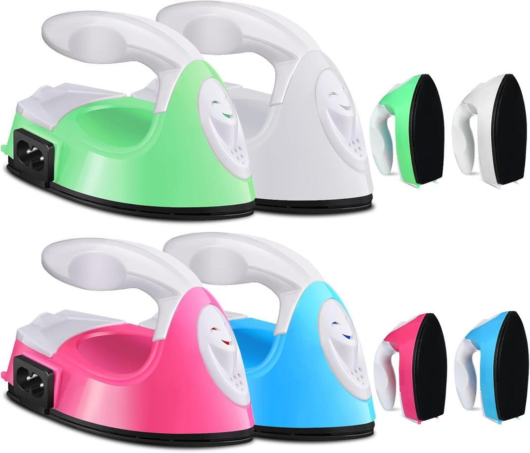 Zhehao 4 Pcs Mini Craft Iron Small Heat Press 3.39 x 2.36 x 2.56 Portable Heat Transfer Machine with Charging Base Accessories DIY Clothe Bead Patch Bag Hat Vinyl(Rose Red, Green, Blue, White)