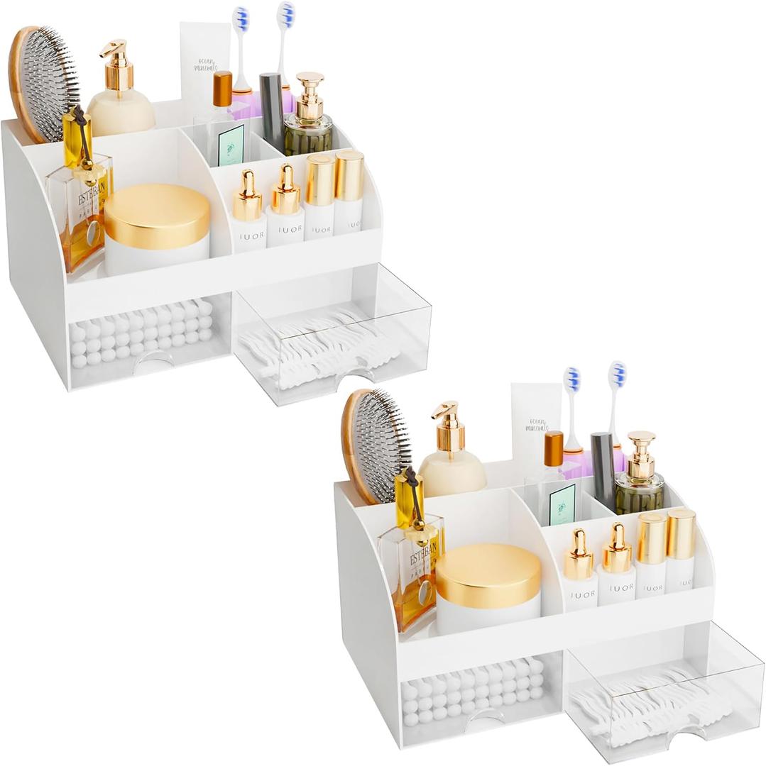 Makeup Organizer with Drawers, Cosmetic Storage for Dresser Vanity and Bathroom Countertop, Beauty Holder for Lipstick Brush, Skincare Organizer for Vanity, Cosmetic Display Case (White-2P)