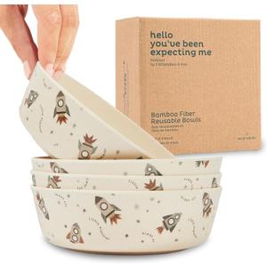 Nook Theory 4 Pack Bamboo Bowls - Alternative to Plastic Bowl, 18 Oz Reusable, Shatterproof Dinnerbowl, Dishwasher Safe - Not Microwavable Bamboo Dishes (Space)