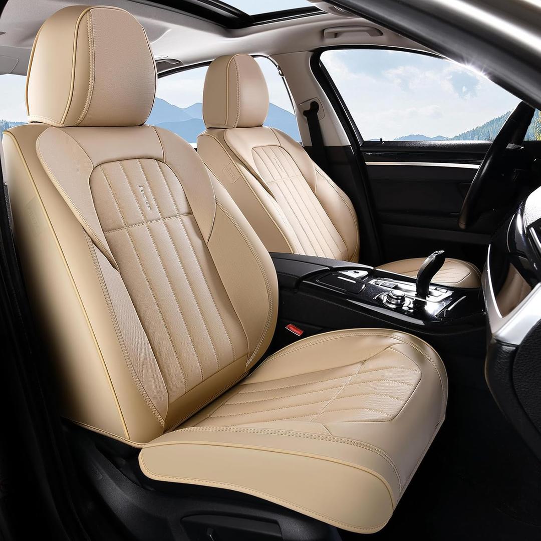 FLORICH Seat Cover, Car Seat Covers Front Set, Waterproof Leather Car Seat Protector, Front Seat Covers for Cars, Automotive Seat Covers Protector 2 Pack Fit for Most Cars Trucks SUV - Beige