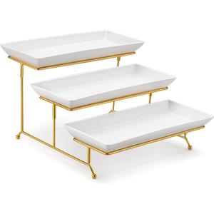 MALACASA 3 Tier Serving Trays for Party, 14 Inch Porcelain White Trays for Serving Food, Dessert Stand with Collapsible Gold Metal Rack